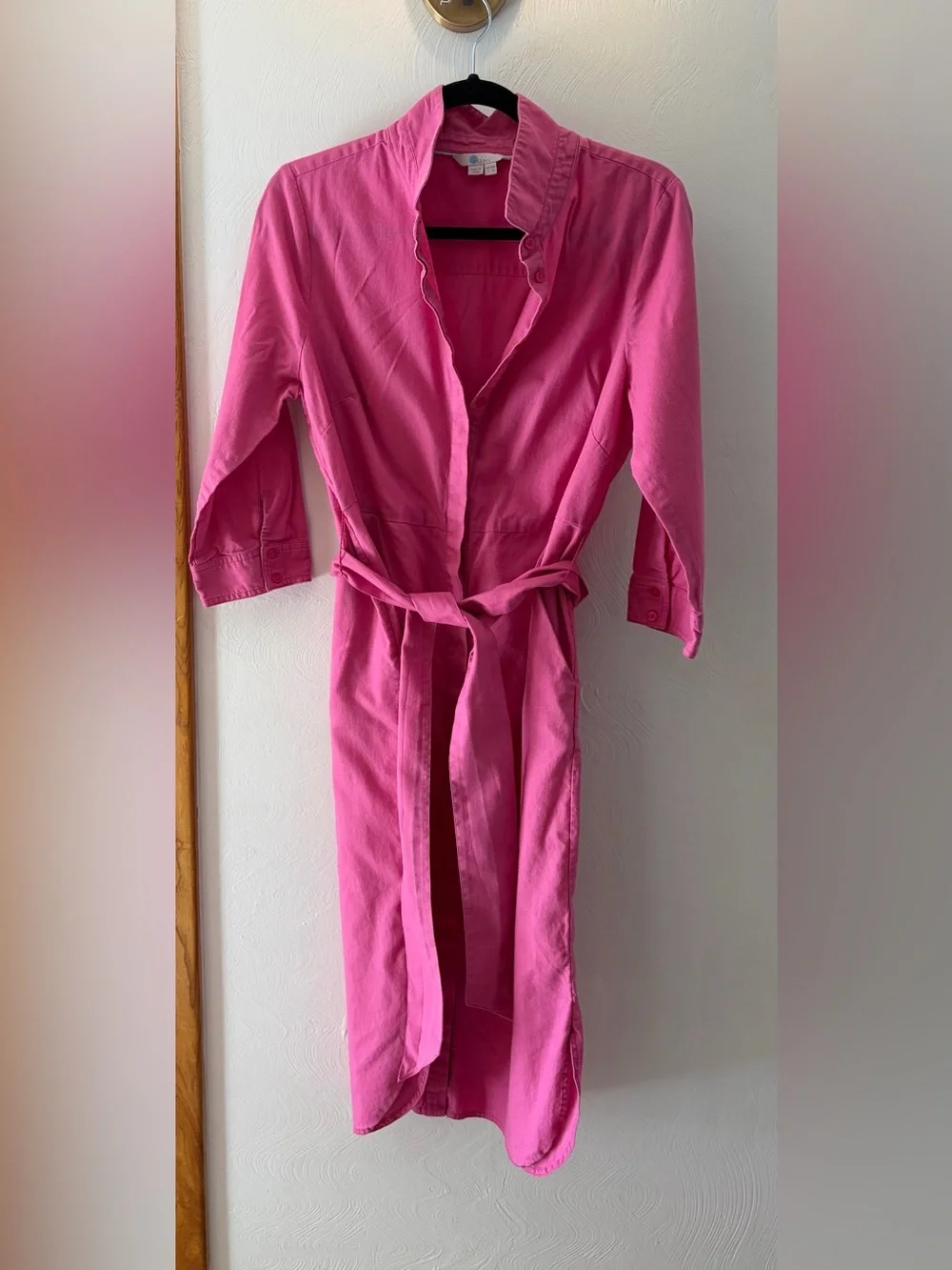 Boden Linen Cotton Midi Shirt Dress 3/4 Sleeve Button Front Pink Size 8R